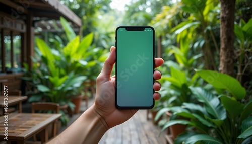 A hand holding a smartphone with a green screen display in an outdoor garden setting with plants