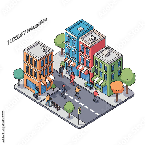 Isometric city street scene with colorful buildings pedestrians and trees.