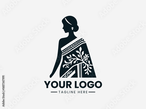 Elegant woman in saree vector logo with decorative floral patterns and traditional design