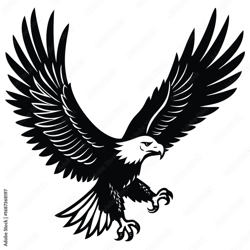 Fototapeta premium Bald Eagle Flying Soon Eagle Detailed black-and-white line art of a bald eagle in mid-flight with wings fully spread and talons forward, dynamic perspective, crisp vector-ready ink outlines, high-cont