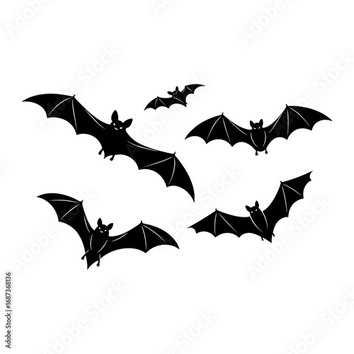 A collection of five stylized black bat silhouettes flying with outstretched wings against a clean white background.