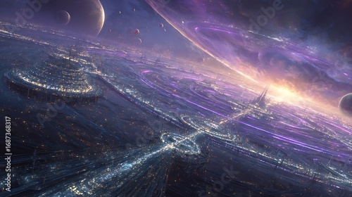 Futuristic city lights glow under alien planets, vibrant