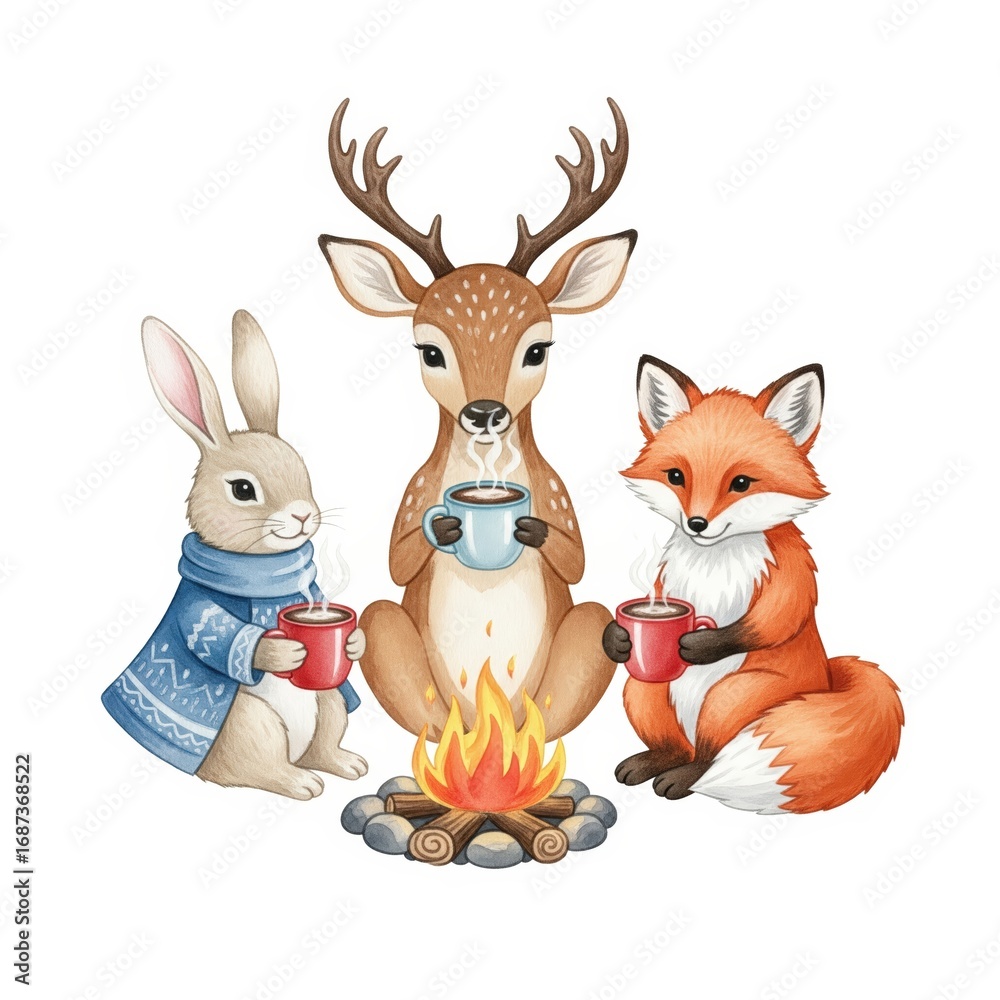 Fototapeta premium Friends gather around a campfire enjoying warm drinks in a forest setting during a chilly evening