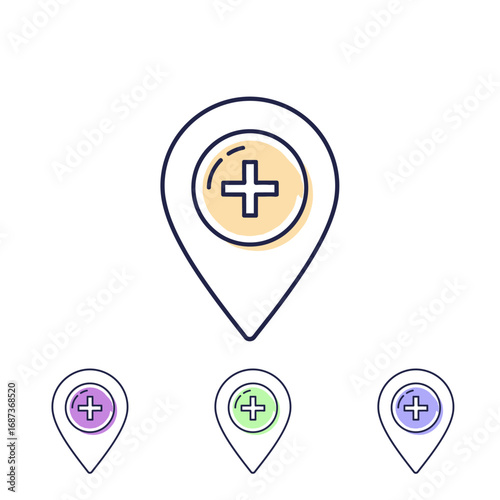 Hospital location pin icon set. Medical and healthcare map marker vector collection.