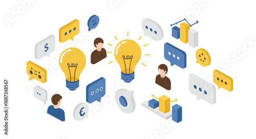 Collaborative idea sharing with isometric creative icons and speech bubbles