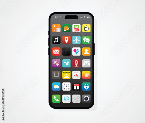 Elegant smartphone with colorful screen icons, applications. Mobile phone isolated	