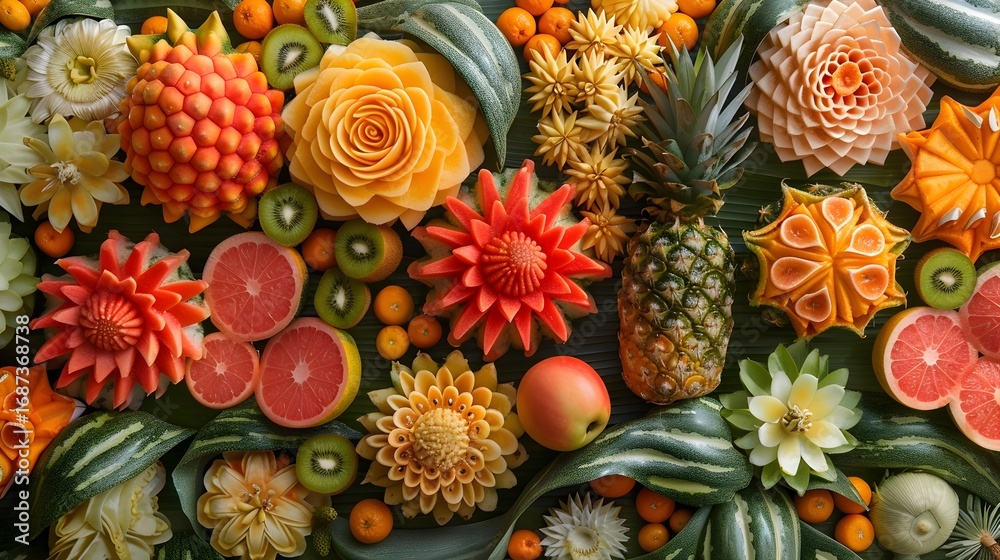 Fototapeta premium Vibrant Culinary Captivating Thai Fruit Carving Showcase
