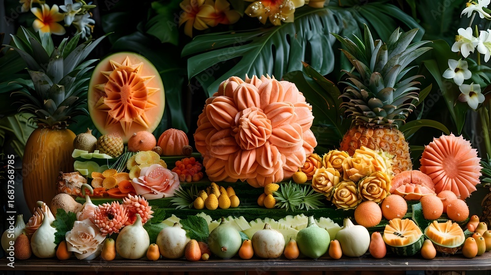 Fototapeta premium Vibrant Fruit Carving Display Showcasing Thai Culinary and Creative Culinary Traditions