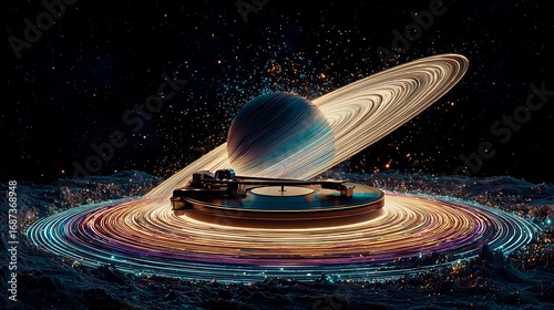 Vinyl record spins through cosmic nebula, playing music