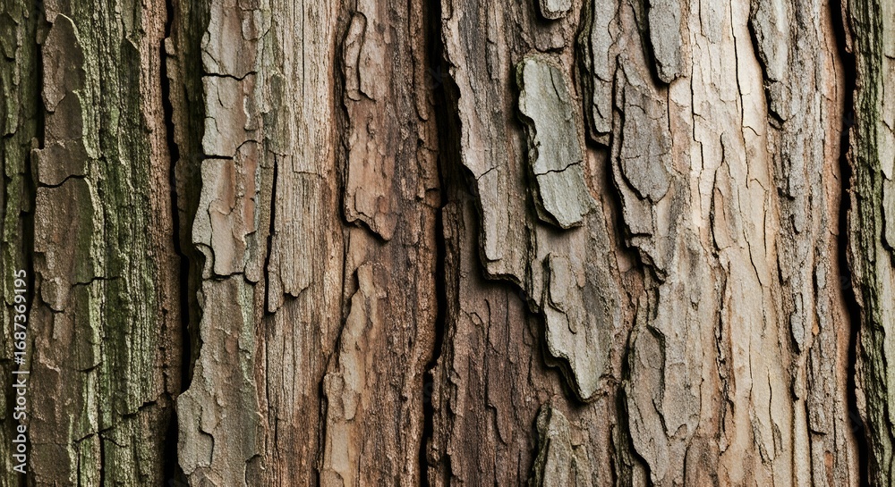 Obraz premium Close-up of detailed tree bark texture with natural cracks and patterns, rustic wooden surface background, photorealistic macro wallpaper perfect for nature, wood, and organic design concepts.