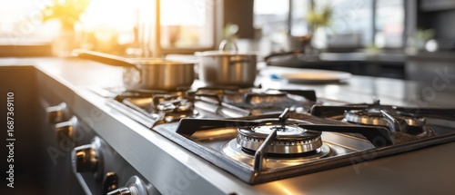 Modern stainless steel gas stove with multiple burners powered by natural gas in contemporary kitchen with sunlight streaming through window