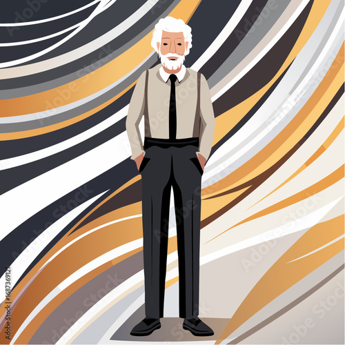 refined iranian professional with silver quiff beige and white business casual look over monochrome texture backdrop