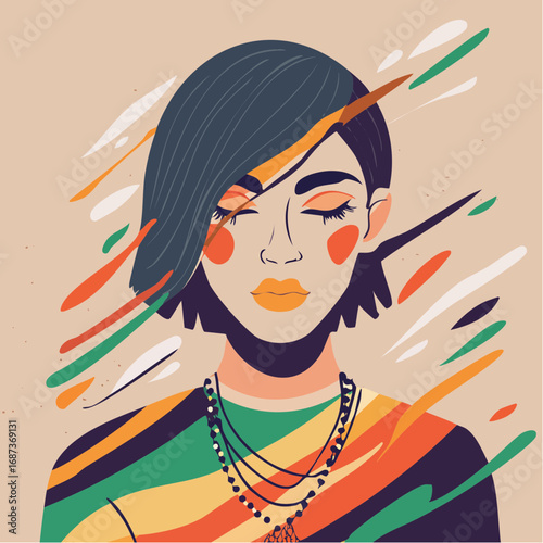 vibrant Indian nonbinary teen in ash brown hair bold prints layered chains over modern digital glitch art backdrop