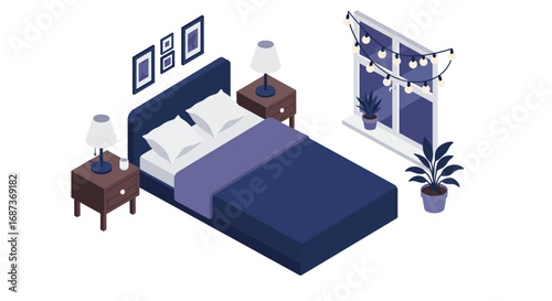 Modern isometric bedroom with cozy bed and decor elements