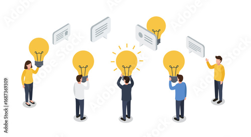 Team collaboration concept with light bulbs and speech bubbles in isometric design
