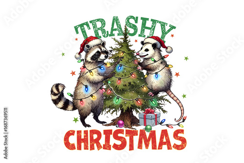 Canvas Print Trashy christmas text with raccoons and opossum decorating a tree isolated on tr