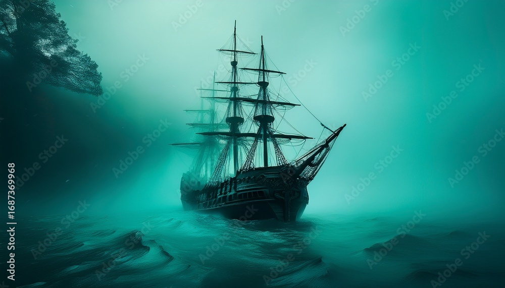 Fototapeta premium dark ship in a thick teal toned fog