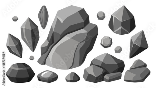 An assortment of rocks arranged on a white background, highlighting their unique colors and forms..eps
