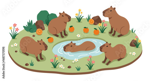 Capybaras relaxing in nature with pond and citrus fruits