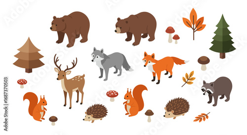 Woodland creatures collection with autumn elements in isometric style