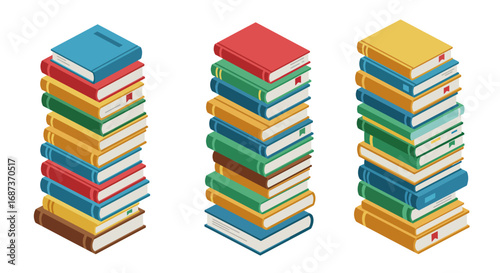 Colorful isometric piles of books showcasing literature variety in education and reading concept