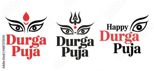 Collection of durga puja greetings with stylized eyes and trident symbols