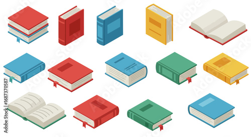 Isometric collection of colorful books in various positions and styles
