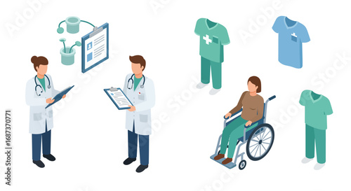 Isometric medical team and patient with hospital equipment and uniforms