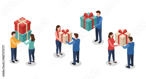 Isometric people exchanging large gift boxes in holiday celebration scene