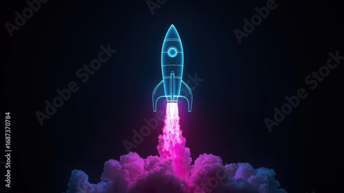 A glowing blue rocket ship launches upwards with bright pink and purple smoke and clouds against a stark black background, symbolizing a fast startup company.
