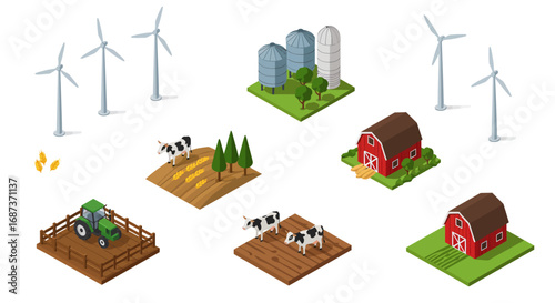 Isometric farm scene with barns, cows, wind turbines, and silo