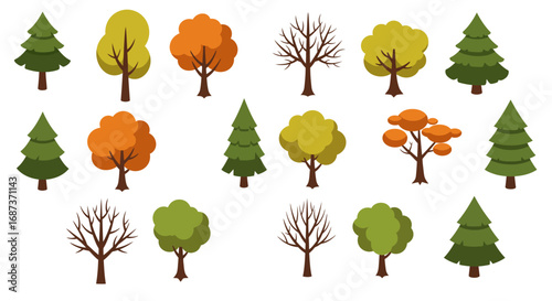 Flat tree icon set: seasonal variations in nature design