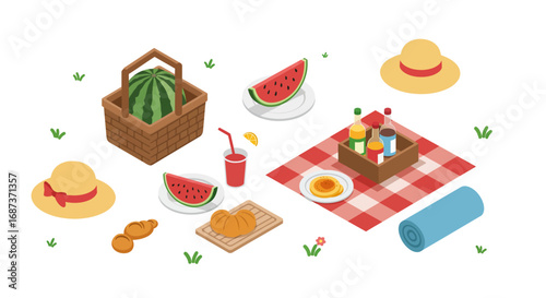 Isometric summer picnic setup with food, drinks, and accessories on grass