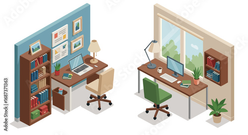 Modern office workspace with bookshelves and desks in isometric design