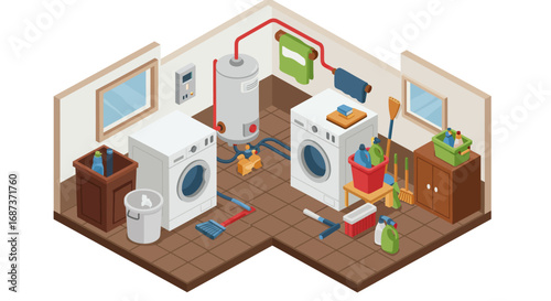 Isometric laundry room with appliances and cleaning supplies in a modern setting