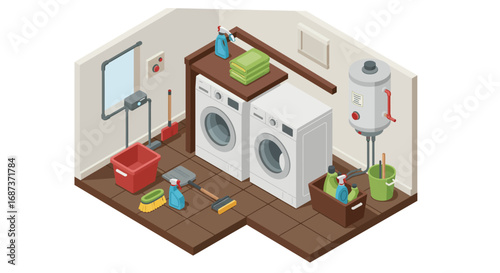 Modern isometric laundry room with appliances and cleaning supplies