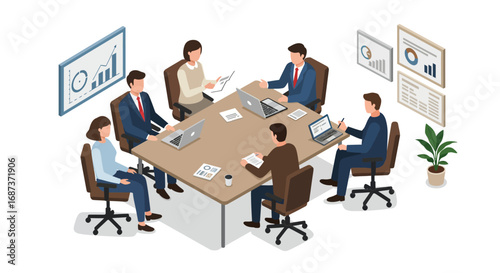 Business meeting conference room with team collaboration in isometric style
