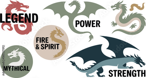 Illustrated Dragons with Qualities Legend, Power, Mythical, Strength, and Fire Spirit Cartoon