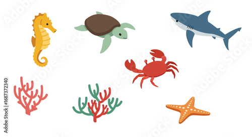 Colorful marine life collection featuring seahorse, turtle, shark, crab, coral, and starfish