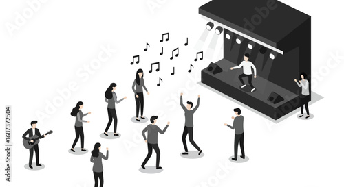 Isometric concert scene with dancing crowd and performing band on stage