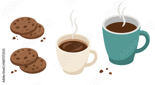 Cozy morning coffee and cookies with steaming hot drinks in flat design