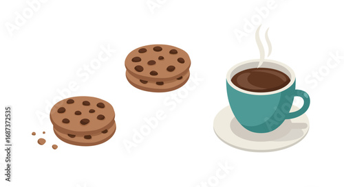 Isometric coffee and chocolate chip cookie on white background