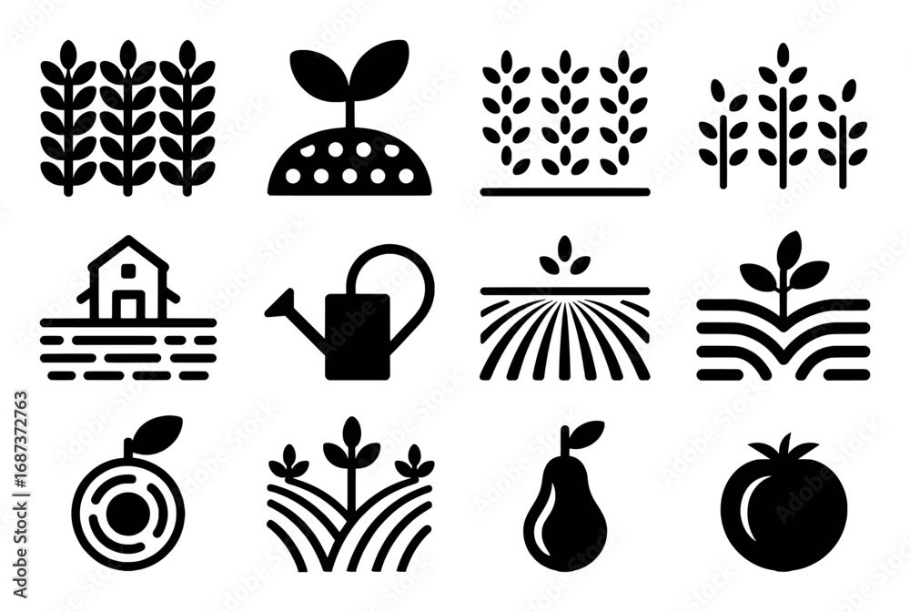 Naklejka premium Collection of Farming and Agriculture Icons: Crops, Plants, and Tools