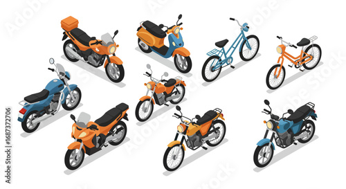 Isometric set of motorcycles and bicycles in various styles and colors