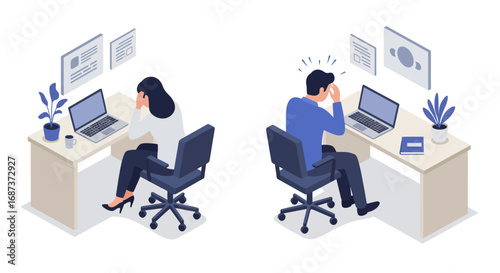 Isometric office workers in stressful situations at desks with laptops and papers