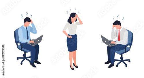 Office stress and problem solving with frustrated business team in modern flat design