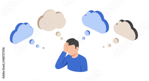 Pensive person surrounded by thought clouds in isometric style