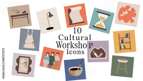 Illustrated Icon Set Cultural Workshop Symbols Featuring Pottery, Painting, Storytelling, and Time