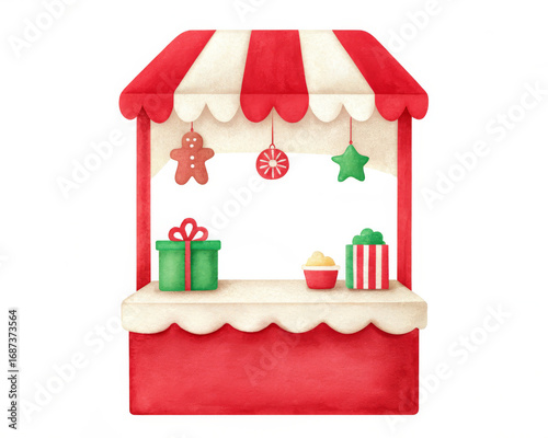 Christmas market stall with gifts and holiday decorations on white background  