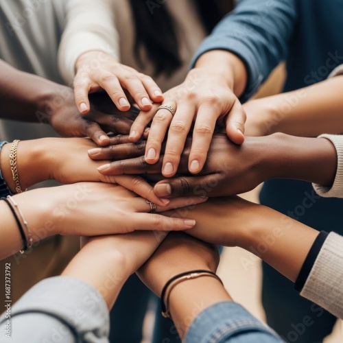 Diverse group of people stacking hands together, symbolizing teamwork and collaboration.